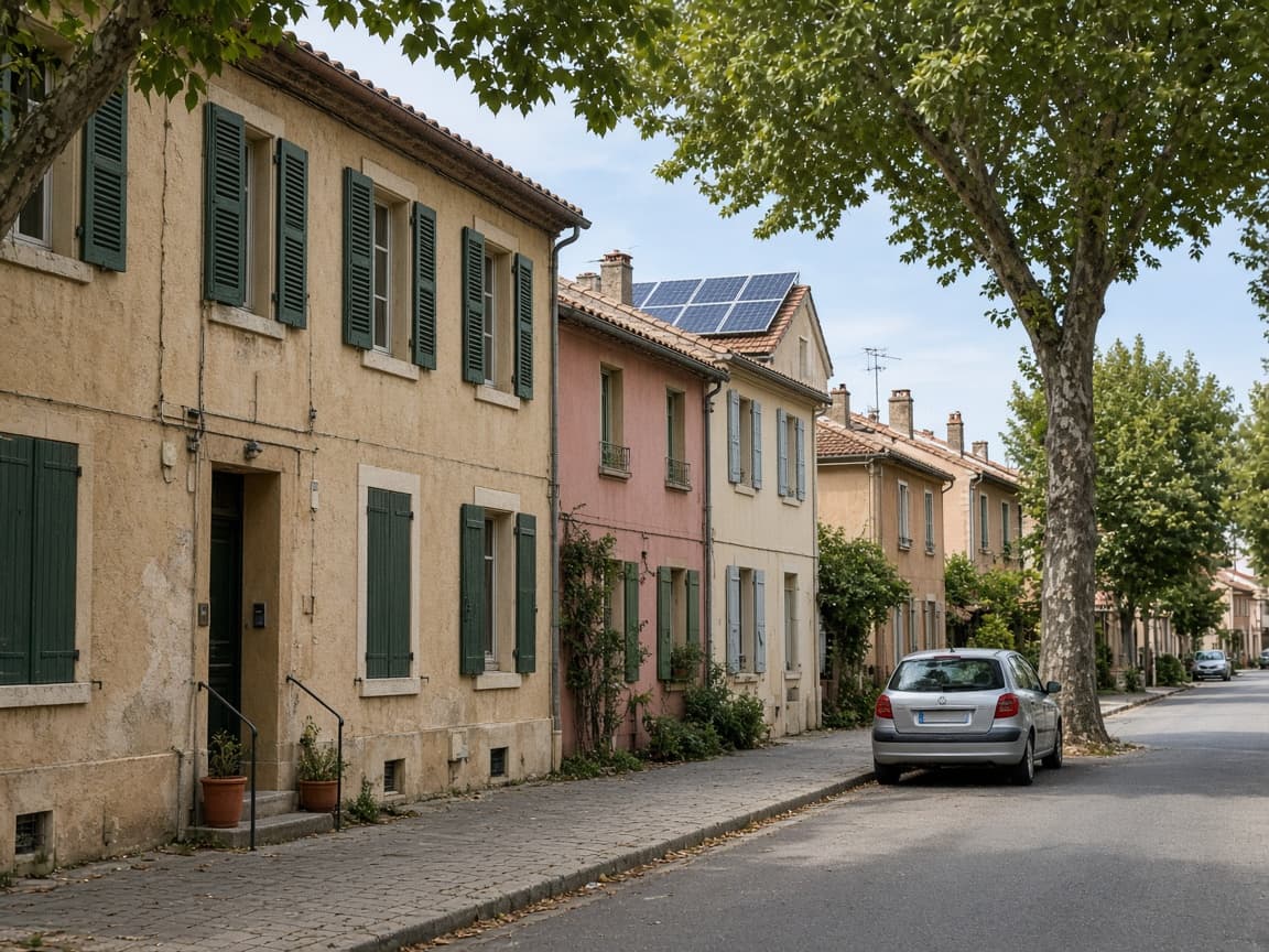 Rue d'un bourg, maisons mitoyennes, modules sur un toit de tuiles