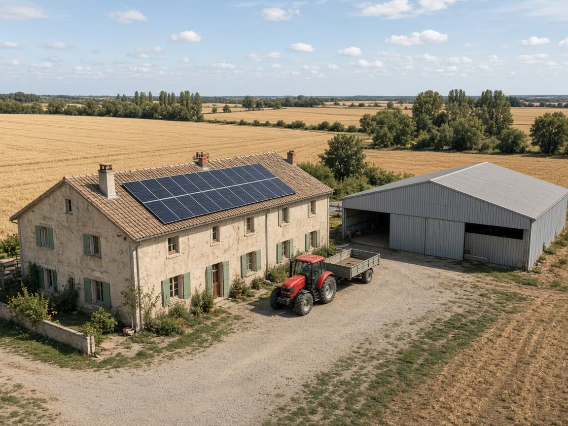 Ferme avec tracteur, modules sur le toit de la maison, hangar sans modules
