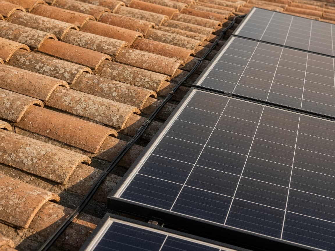 Modules photovoltaïques posés le long de tuiles canal