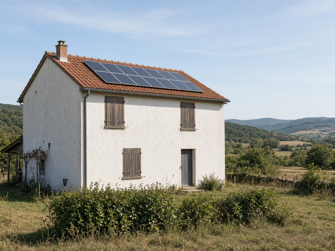 Maison rurale du Lauragais, tuiles canal et modules photovoltaïques sur un versant